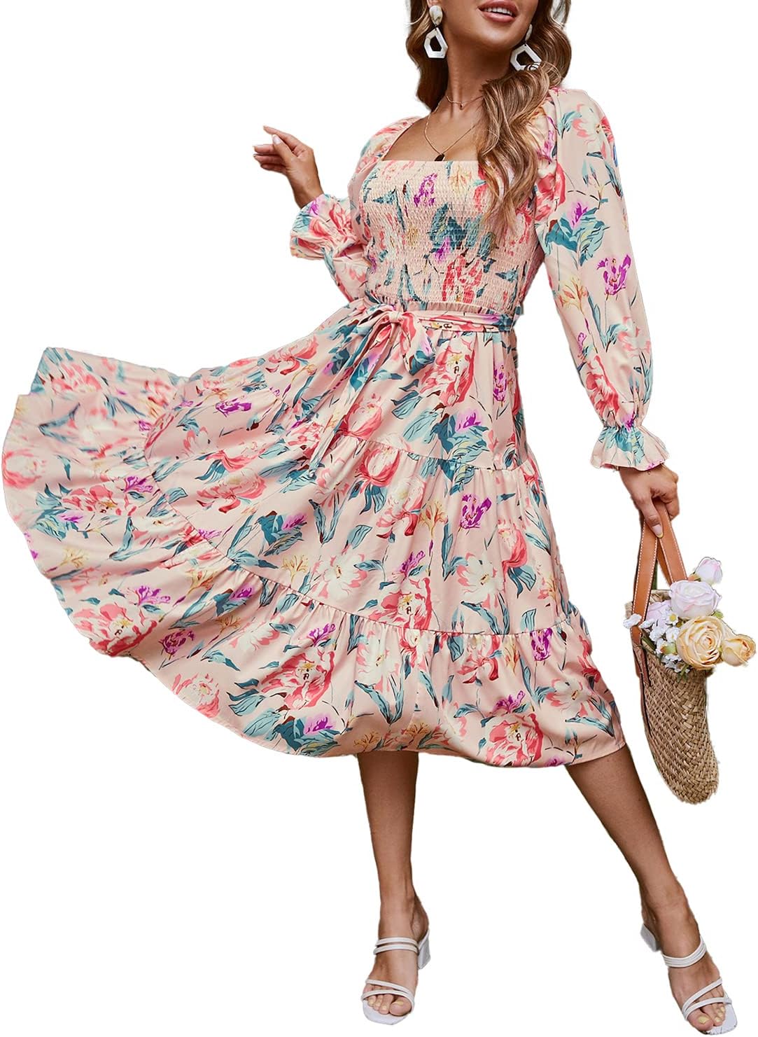 Amegoya Women's Boho Flowy Long Sleeve Floral Midi Dress