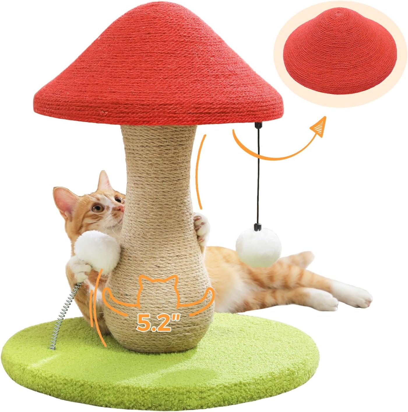Mushroom Cat Scratching Post with Sisal and Pompoms for Cats
