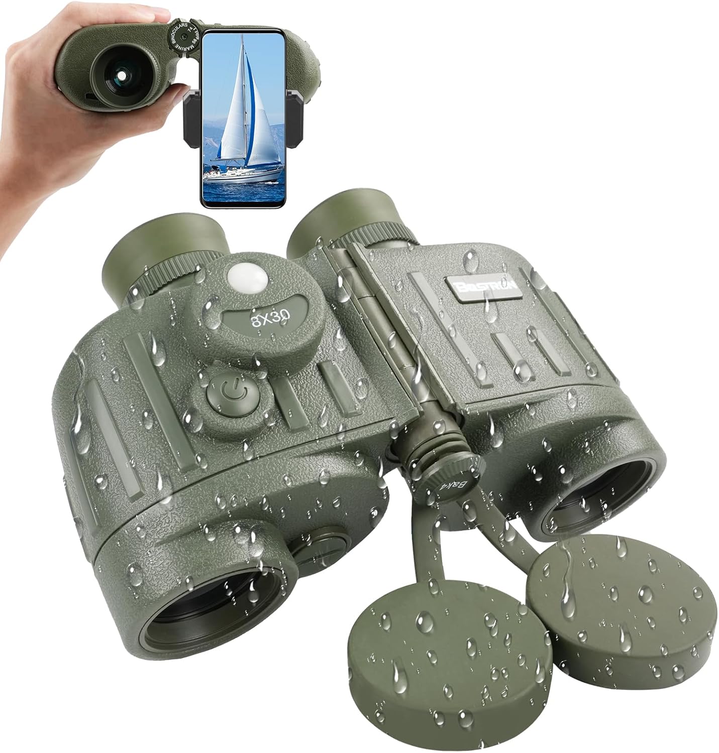 8X30 Marine Binoculars with Rangefinder & Compass for Navigation