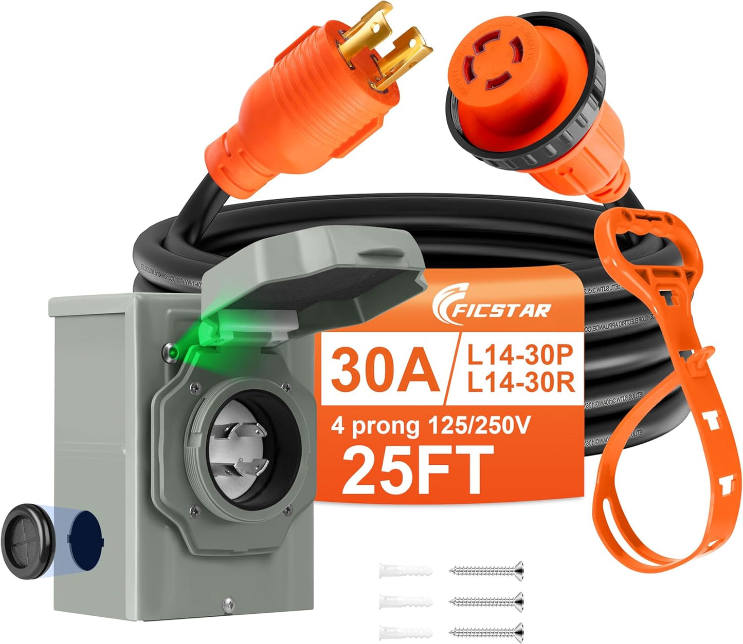 25 FT 30 Amp Generator Cord and Inlet Box Waterproof Combo Kit