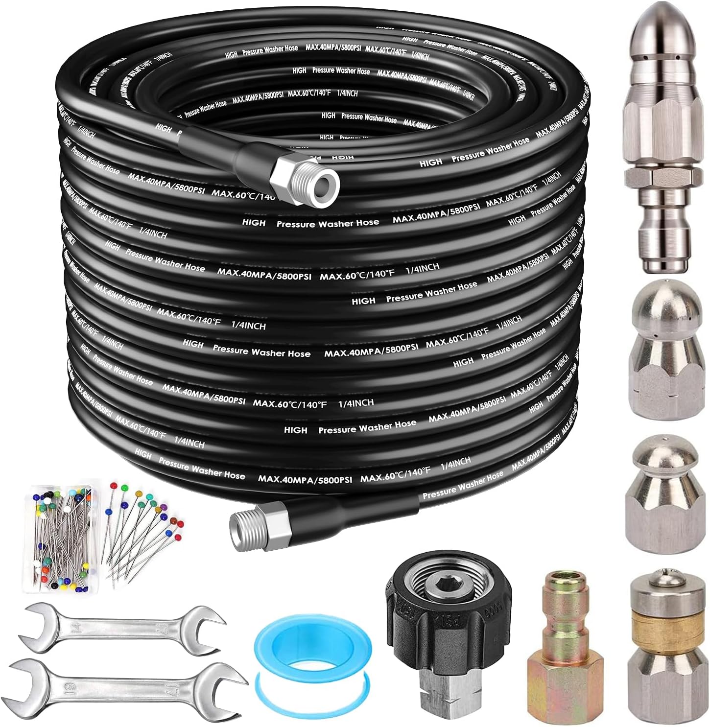 100FT Sewer Jetter Kit for Pressure Washer with Nozzles