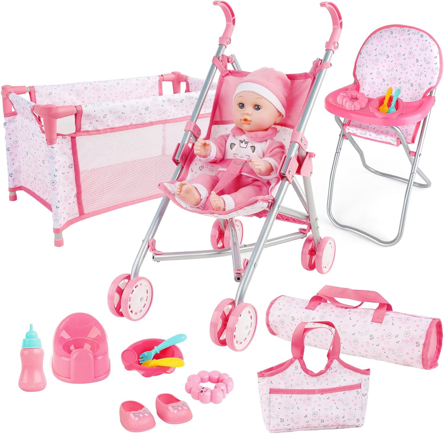 deAO Baby Doll Stroller Set with Crib and Accessories for Kids