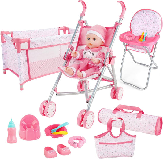 deAO Baby Doll Stroller Set with Crib and Accessories for Kids