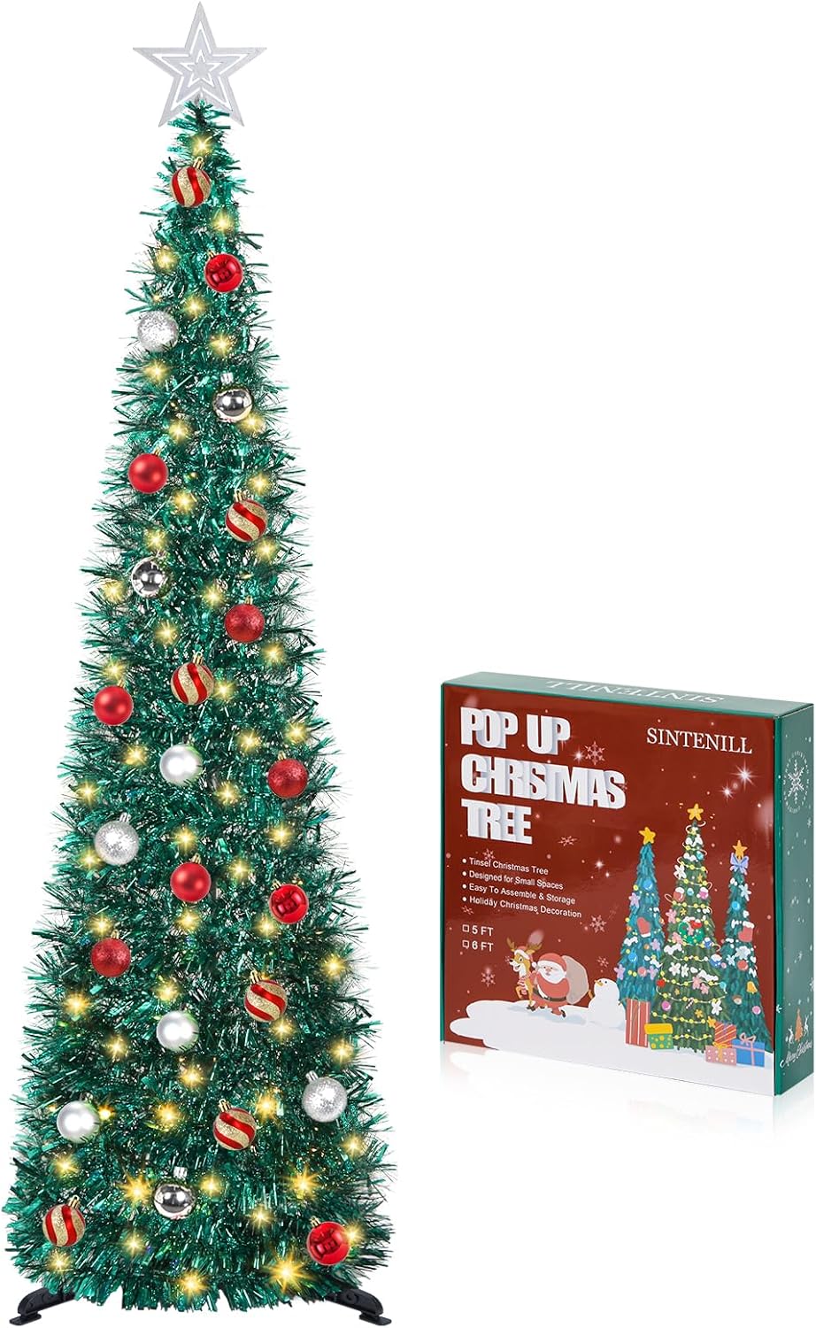 SINTENILL 5 FT Pop Up Christmas Tree with Timer Lights