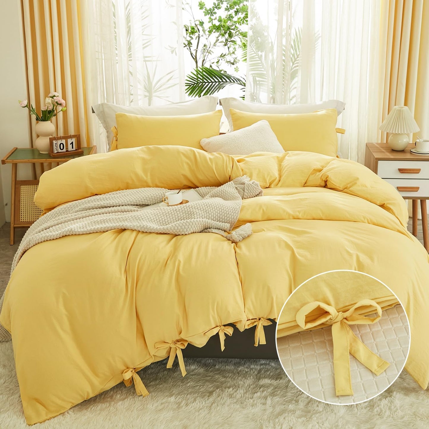 annadaif Yellow Duvet Cover King Size Set with Bowknot Design
