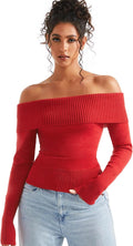 SUUKSESS Women Off Shoulder Sweaters Long Sleeve Ribbed Knit - Soft
