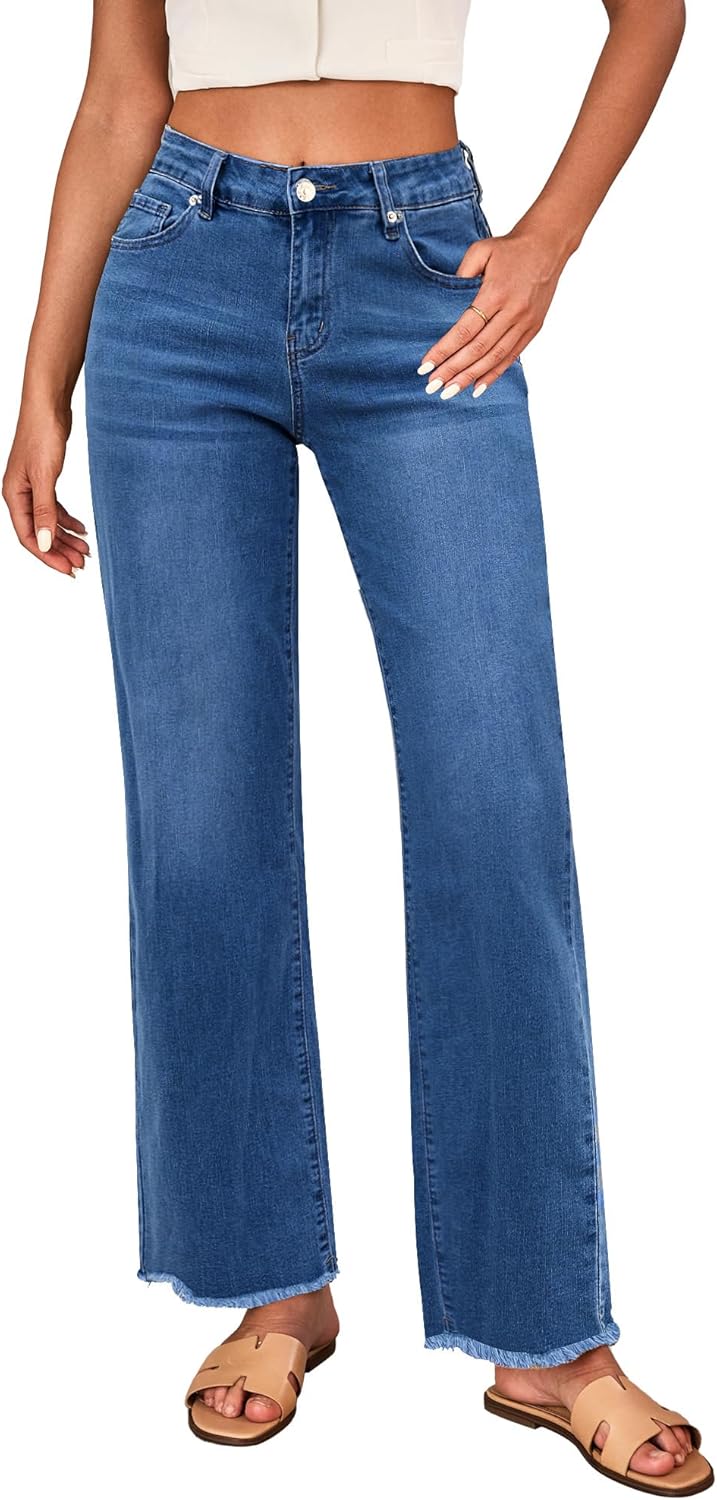 Trendy High Waisted Wide Leg Jeans for Women with Frayed Hem