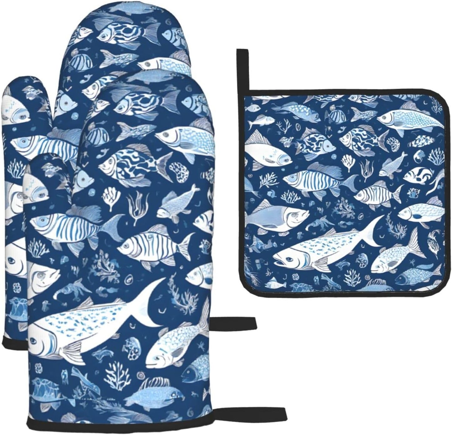 Farmhouse Kitchen Set: Cute Blue Fish Oven Mitts & Holders