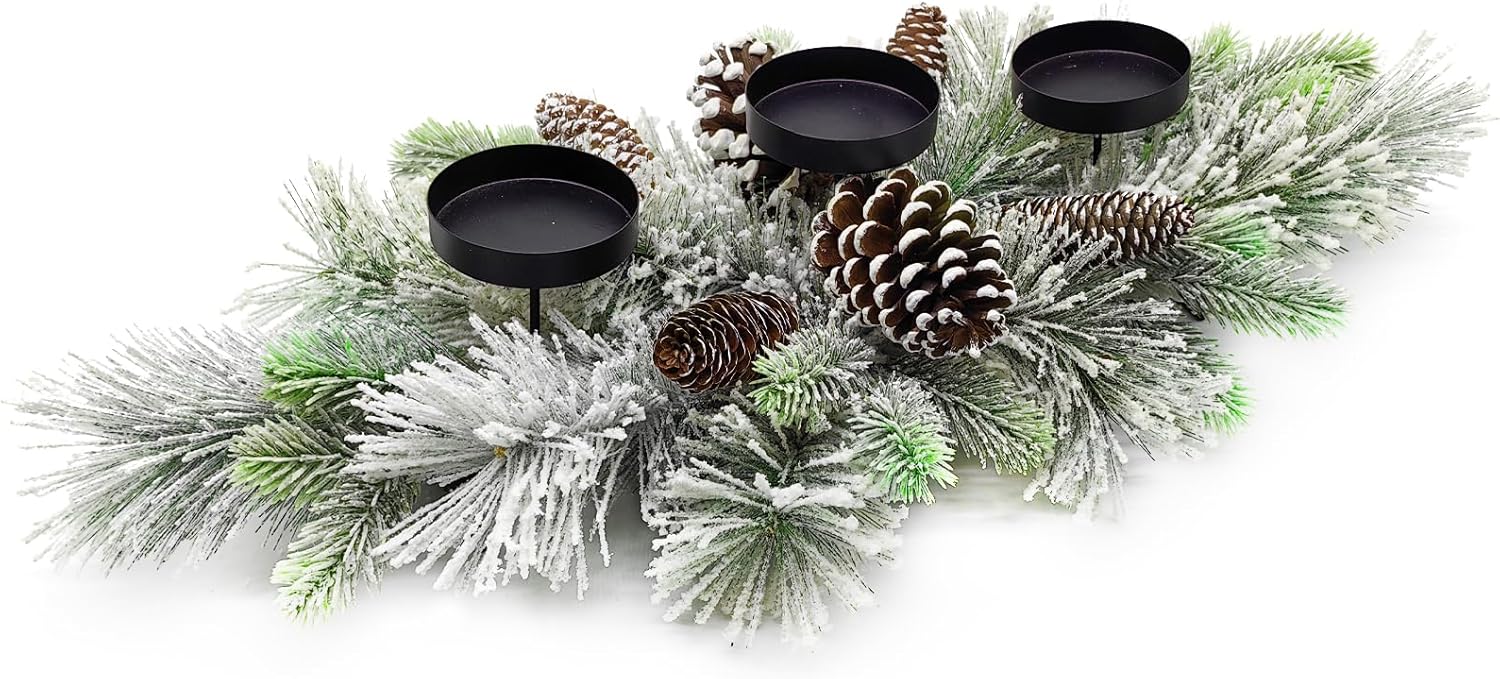 Christmas Table Centerpieces with Flocked Pine Needles and Cones