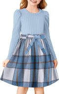 Girls Puff Sleeve Plaid Patchwork Belted Dress - Charming Holiday Wear