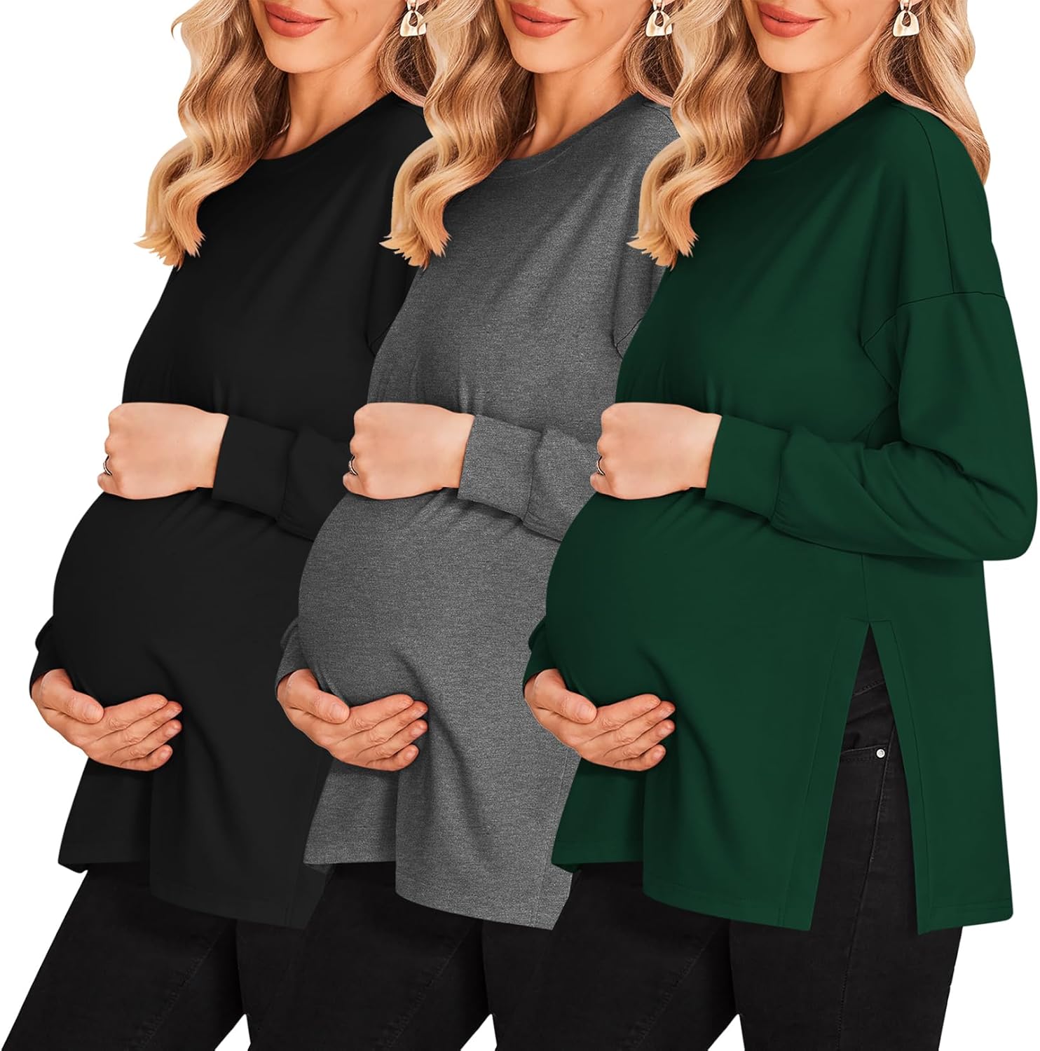 Ekouaer Maternity Shirts 3 Pack Long Sleeve Side Ruched Tops