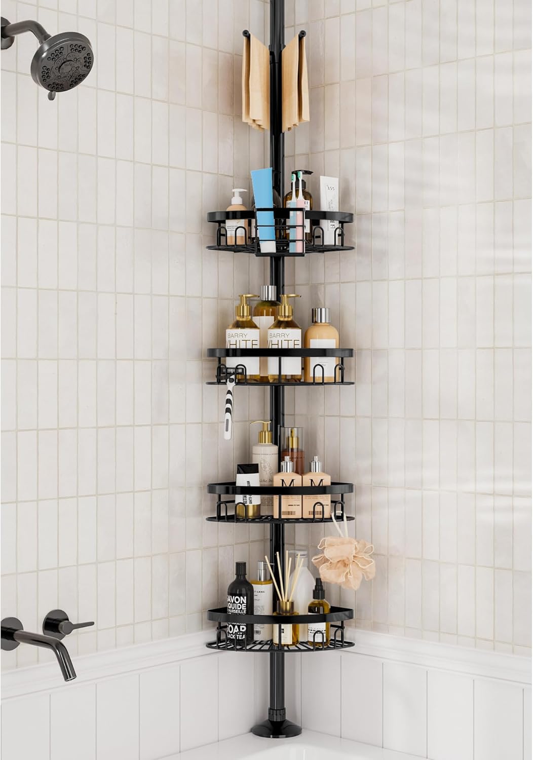 Rustproof Corner Shower Caddy Tension Pole with Adjustable Shelves