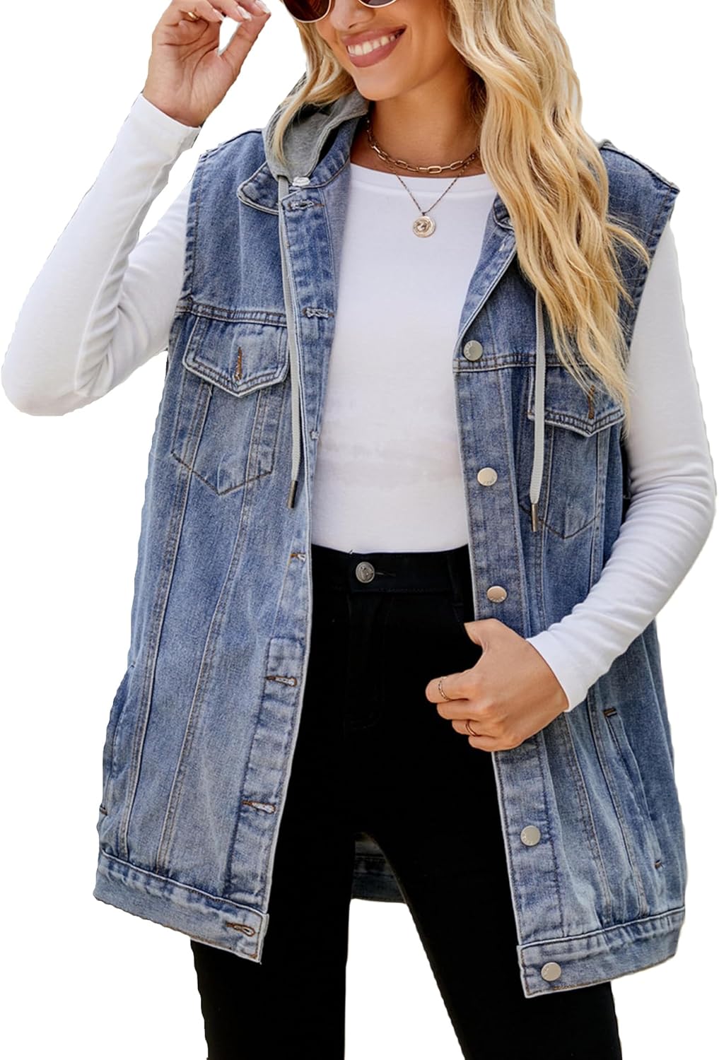 Oversized Denim Vest for Women - Stylish Mid Long Jean Jacket