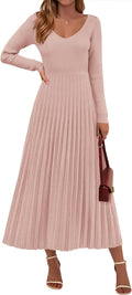 Women Sweater Dress Ribbed Knit Pleated A Line Maxi - Versatile Fall