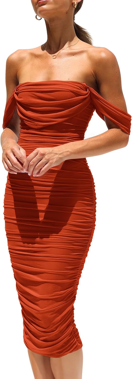 Elegant Off Shoulder Midi Dress for Wedding Guests and Parties