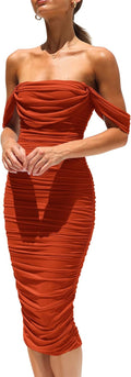 PRETTYGARDEN Off Shoulder Ruched Bodycon Midi Dress - Elegant Fit Sun