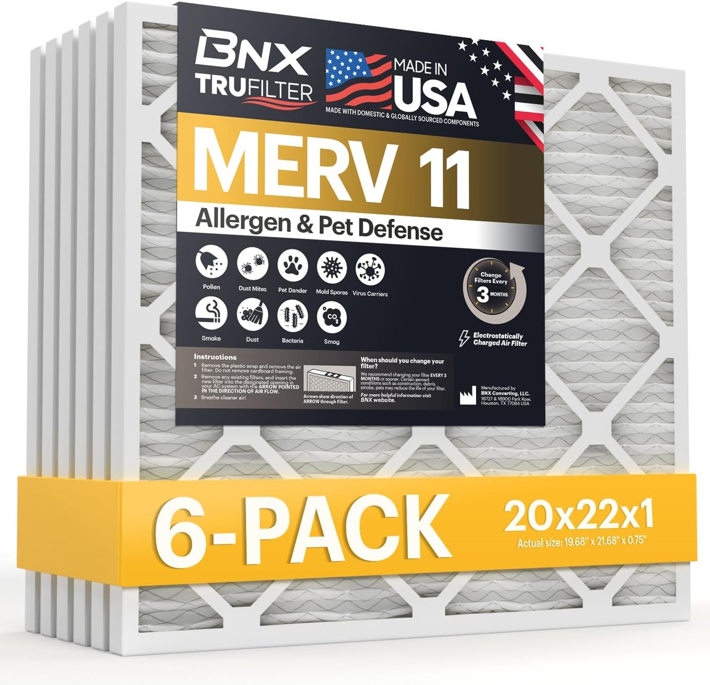 BNX TruFilter 20x22x1 Air Filter MERV 11 for Allergies & Dust
