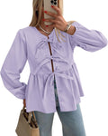 Women's Babydoll Peplum Blouse with Bow Tie - Trendy Cute Top