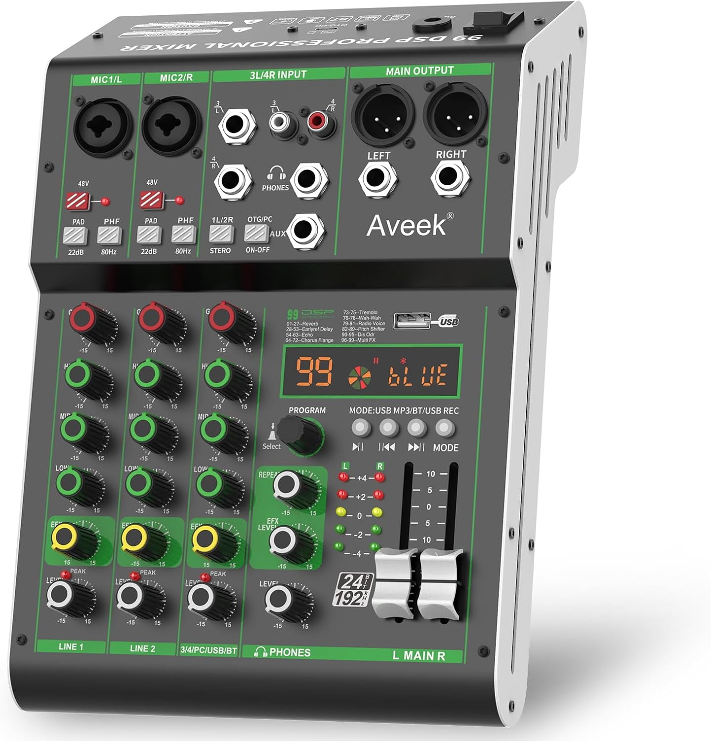 Professional 4 Channel Audio Mixer with USB and Bluetooth Features
