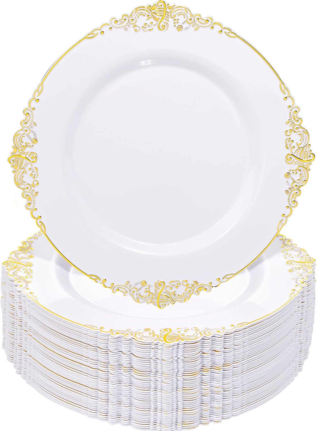 100PCS White & Gold Plastic Plates - Elegant Gold Disposable Plates - Perfect for Celebrations!