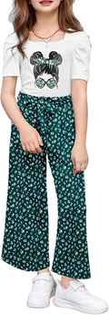 Girls 2 Pieces Outfits Square Neck Puff Sleeve Top and Pants Set 6-14