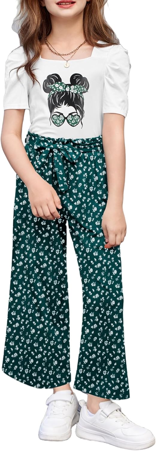 Arshiner Girls 2 Pieces Outfits Set with Puff Sleeve Tops