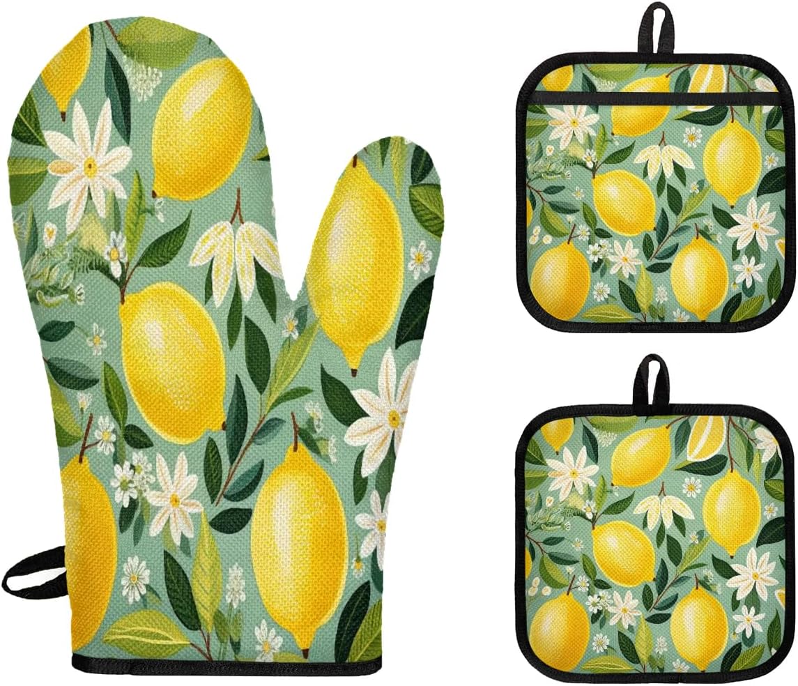 Lemon Motif Oven Mitts Set - Heat Resistant & Cute!