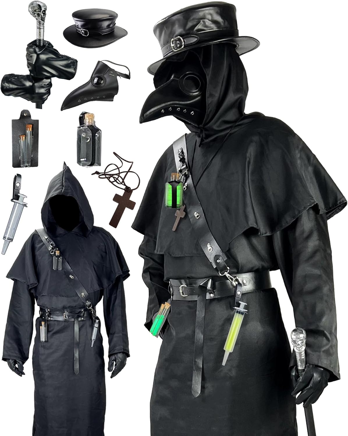 Plague Doctor Costume Set with Mask, Hat, Robe and Cane