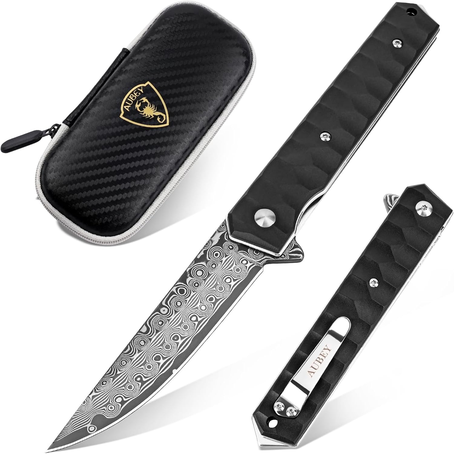 AUBEY Damascus Pocket Knife with Clip for Tactical EDC Use