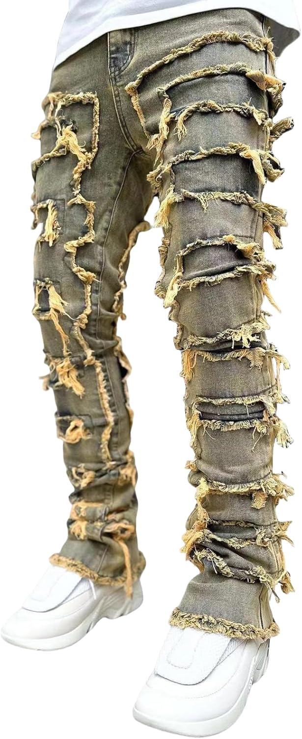 Stacked Jeans Men Skinny Ripped Denim Pants for Trendy Style
