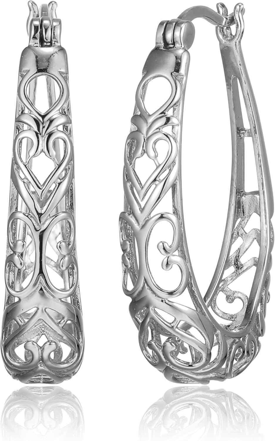 Sterling Silver Filigree Oval Hoop Earrings for Elegant Style