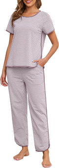 Womens Pajama Sets Cotton 2 Piece Lounge Set Stripe Short Sleeve