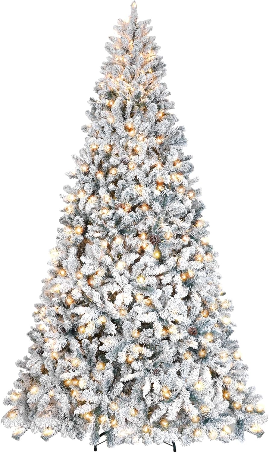 9 ft Prelit Flocked Christmas Tree with Pine Cones & Lights