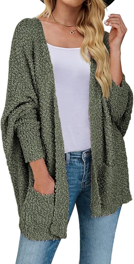 MEROKEETY Women's Fuzzy Popcorn Batwing Sleeve Cardigan Sweater