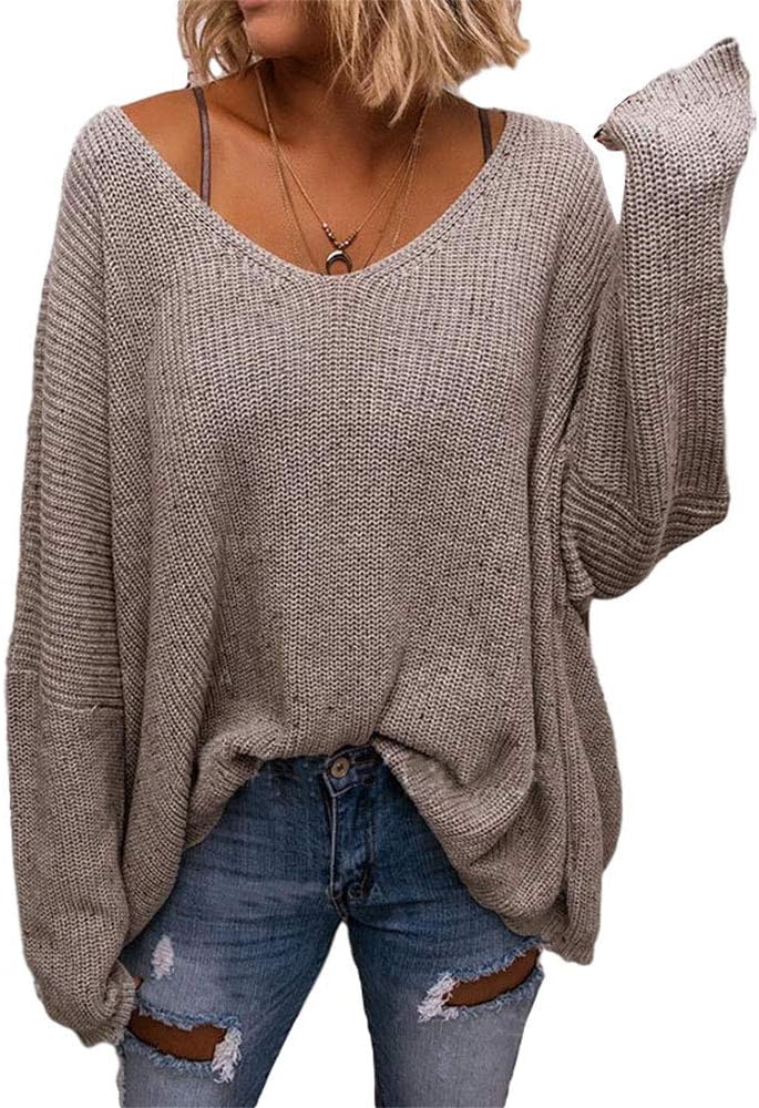 BZB Women's V Neck Long Sleeve Knit Oversized Pullover Sweater