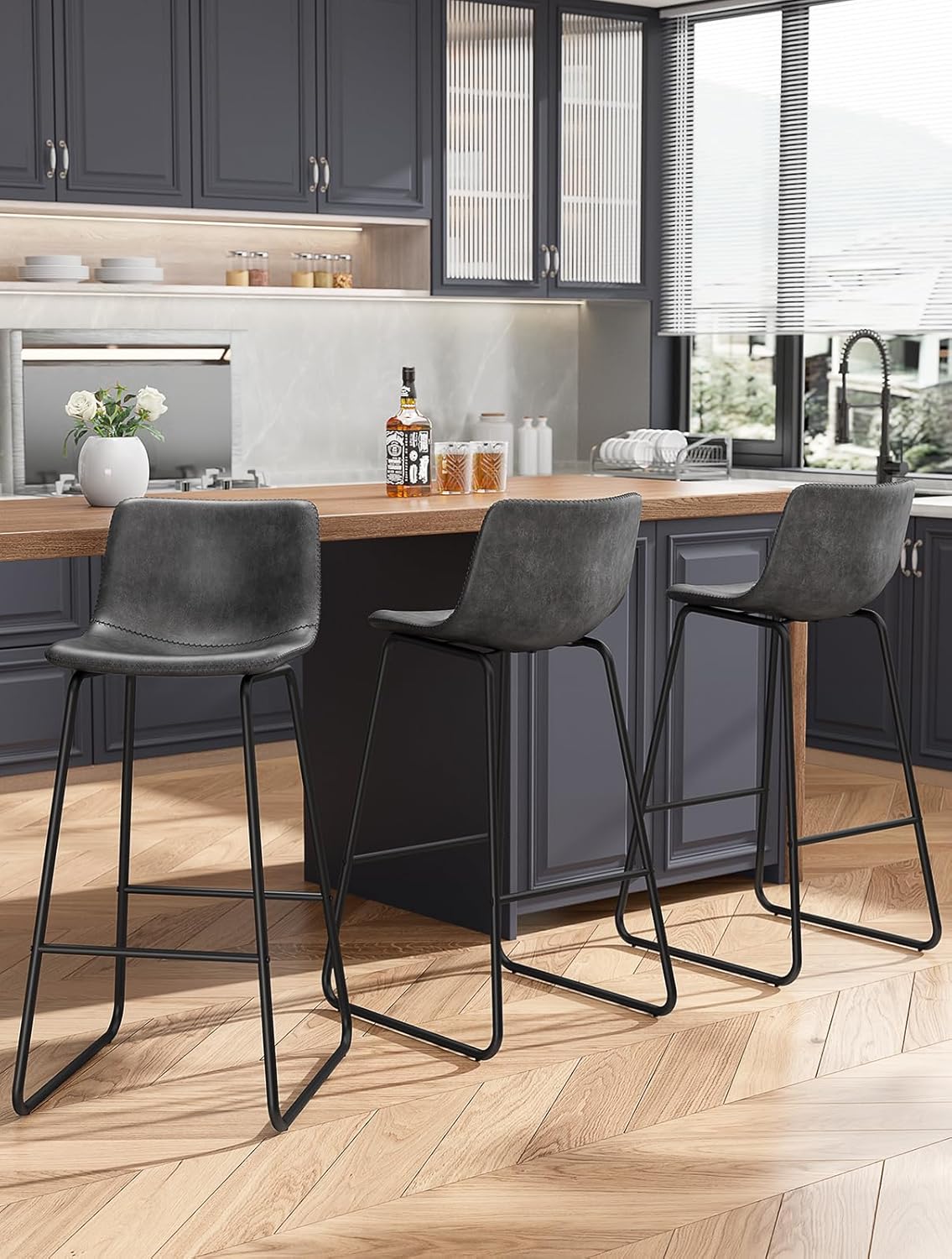 Modern 30in Faux Leather Bar Stools Set of 3 for Kitchen Use