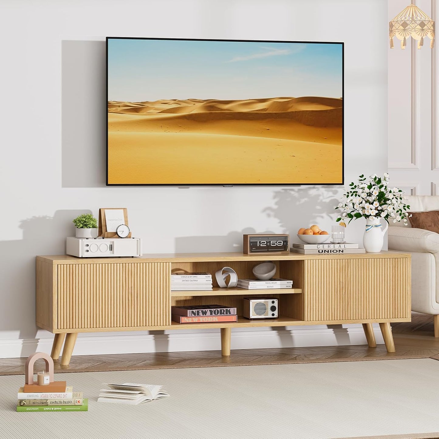 Boho TV Stand with Fluted Doors - Storage Savvy! - 75