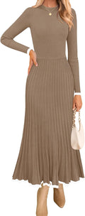Women's Ribbed Knit Pleated A-Line Maxi Dress - Crewneck Fall 2025