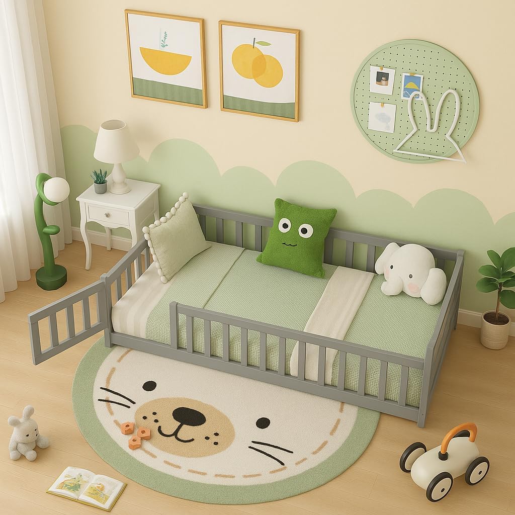 Giantex Twin Floor Bed with Fence for Kids - Safe & Fun Design