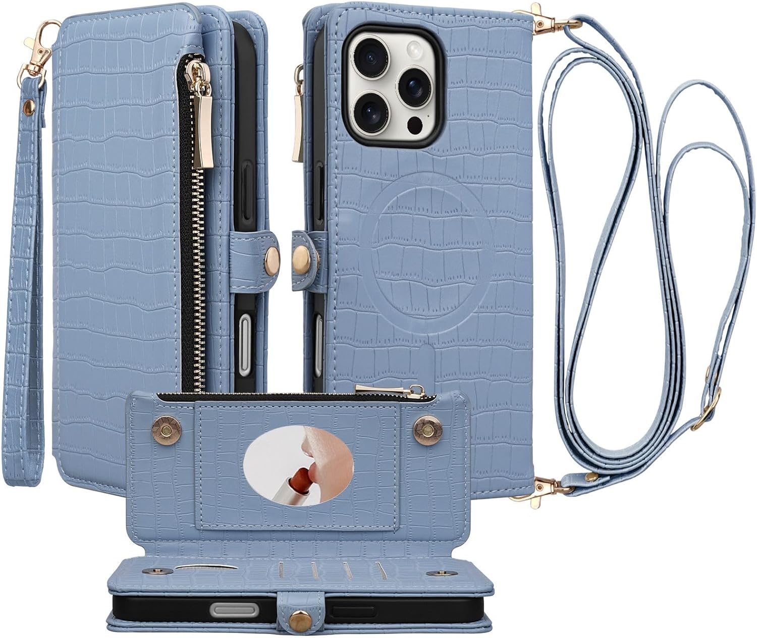Crossbody Wallet Case for iPhone 16 Pro Max with Mirror