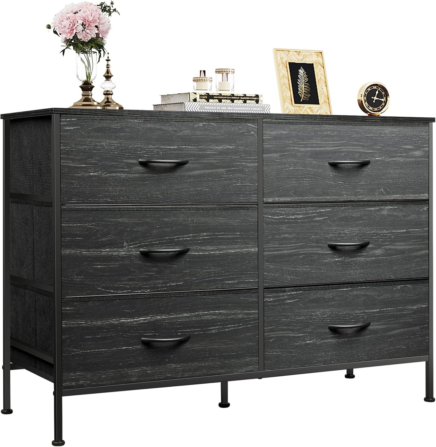 6-Drawer Fabric Dresser for TV Stand, Charcoal Wood Grain