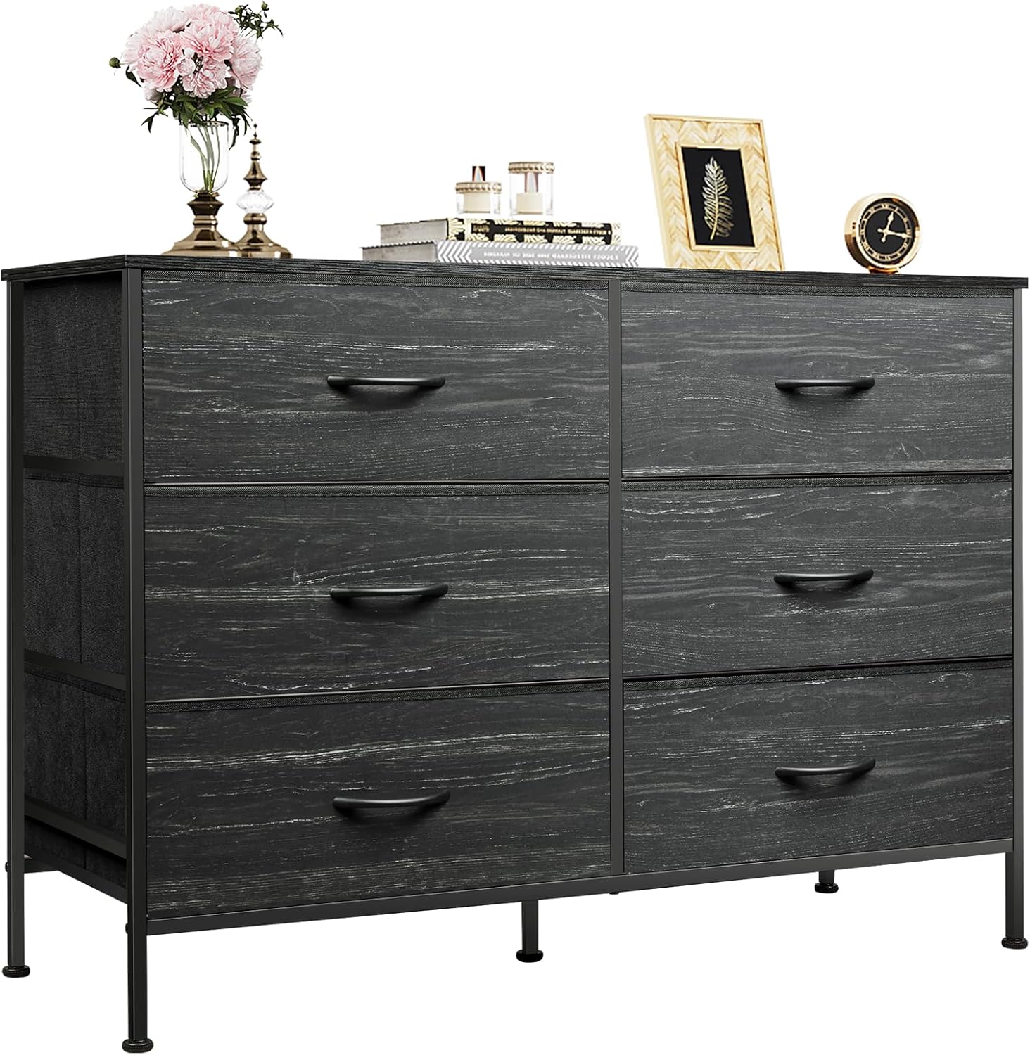 6-Drawer Fabric Dresser for TV Stand, Charcoal Wood Grain