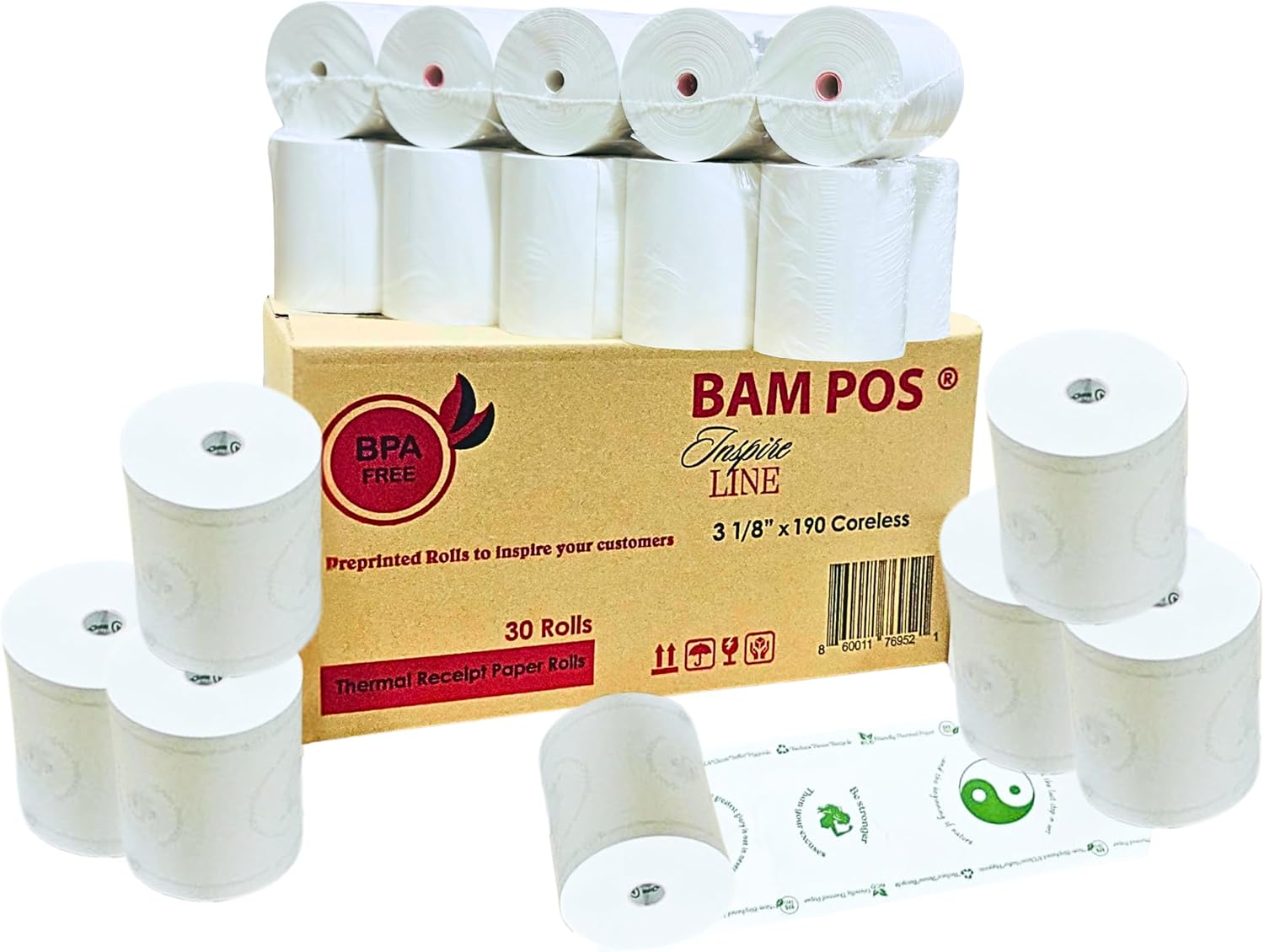 BAM POS: 3 1/8 x 190 Thermal Receipt Rolls - Inspiring Quotes for Positive Vibes!