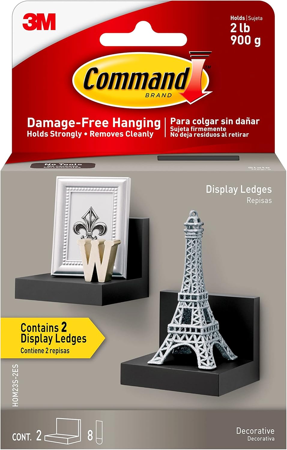 Damage-Free Slate Floating Shelf, Holds 2lb, 2 Ledges & 8 Strips for Stylish Organization