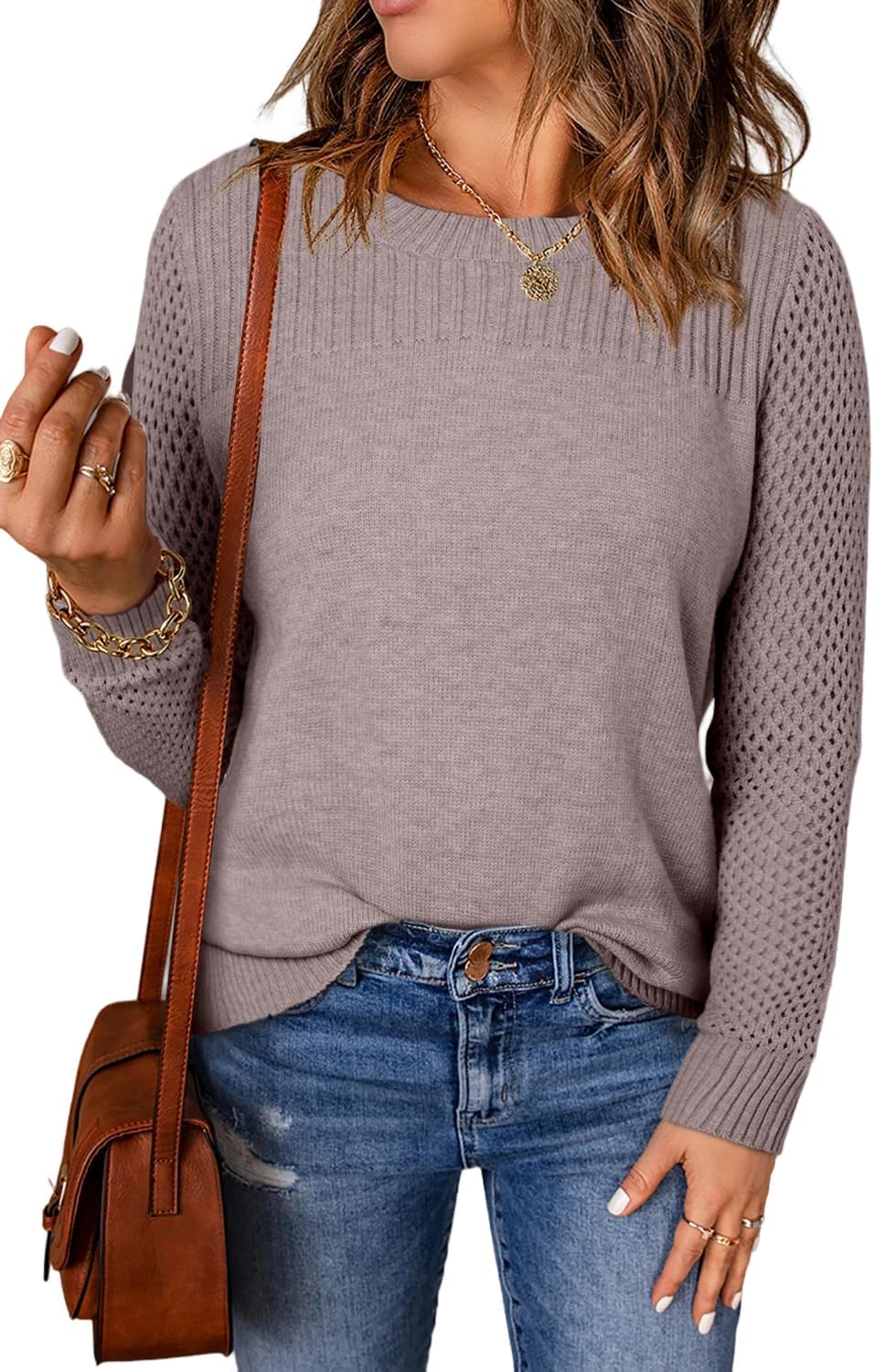 EVALESS Womens Casual Long Sleeve Crewneck Cable Knit Sweater