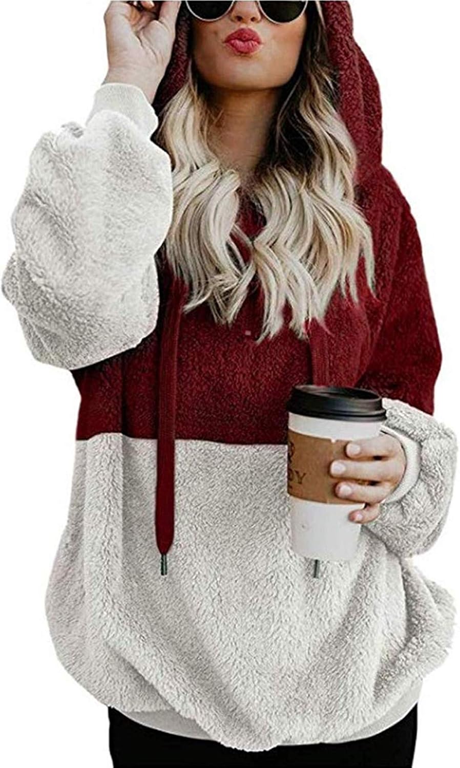 Women Casual Double Fuzzy Sweatshirt Faux Fleece Zip Pullover