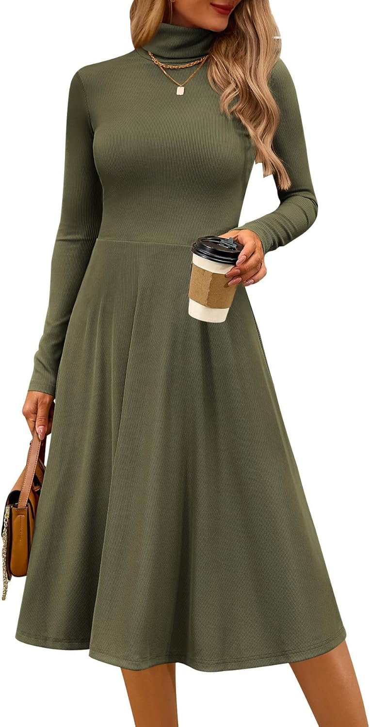 CFLONGE Women's Casual Ribbed Knit High Neck Dress for Fall