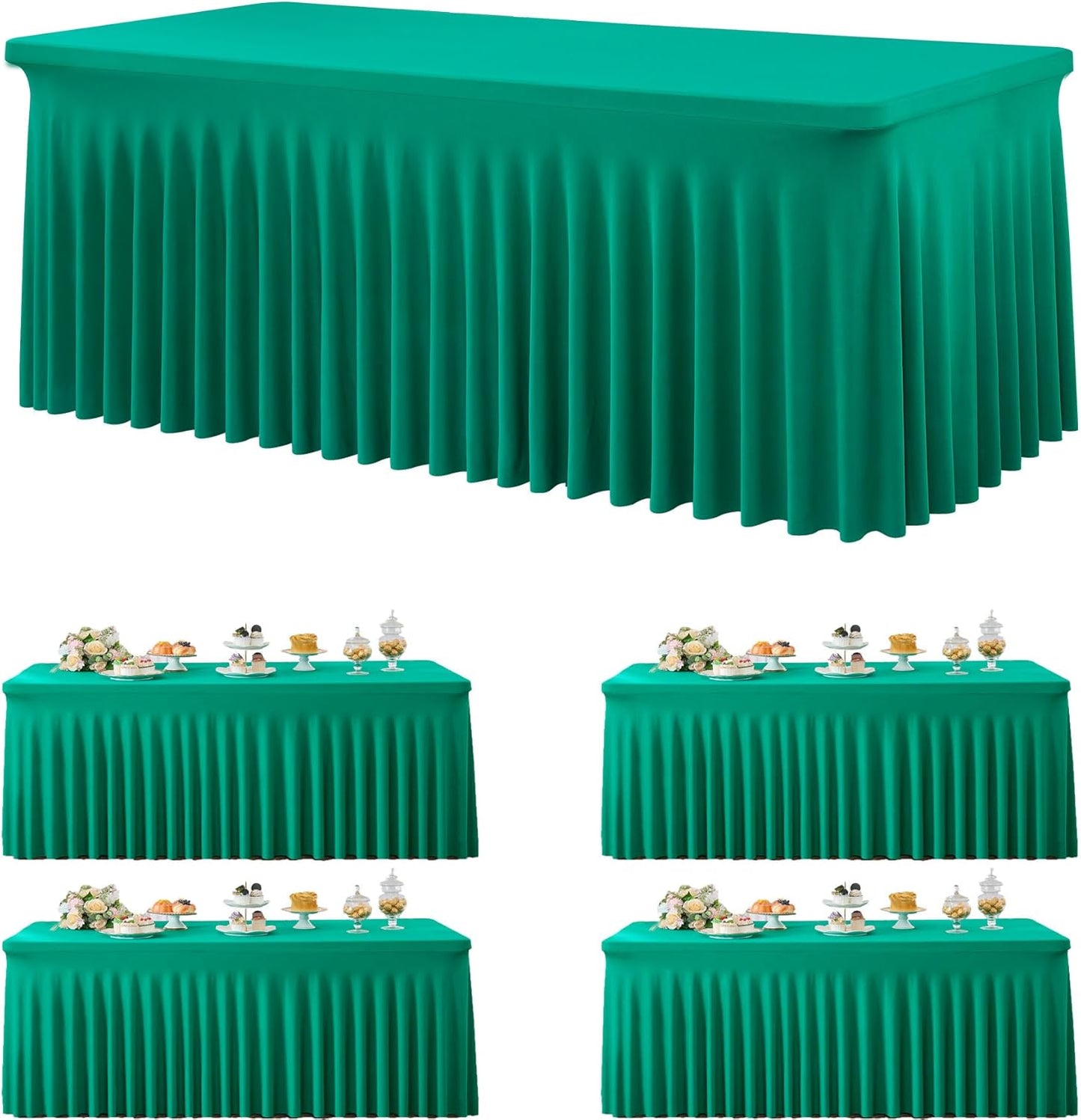 4 Pack Emerald Green Spandex Tablecloths for 6 Foot Tables
