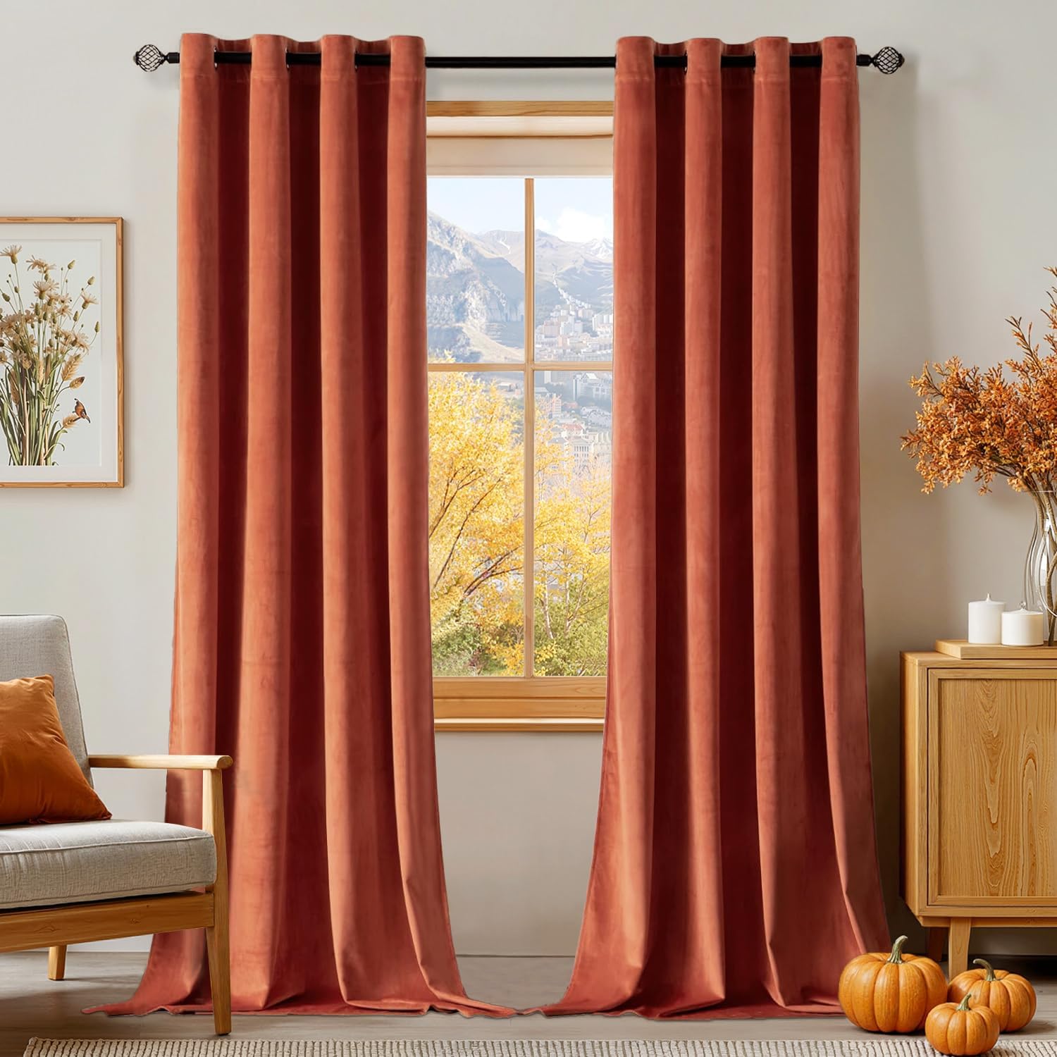 MIULEE Fall Velvet Curtains Elegant Grommet Burnt Orange Set