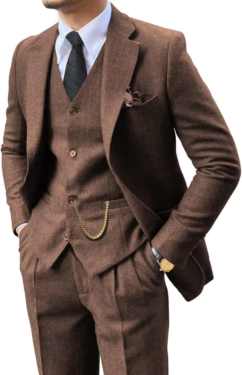 Retro 3 Piece Suit Tweed Herringbone Slim Fit Tuxedo Set